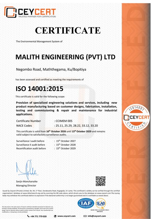 ISO 14001:2015 certificate of Malith Engineering (Pvt) Ltd, number CCIMEM 005, issued by Ceycert