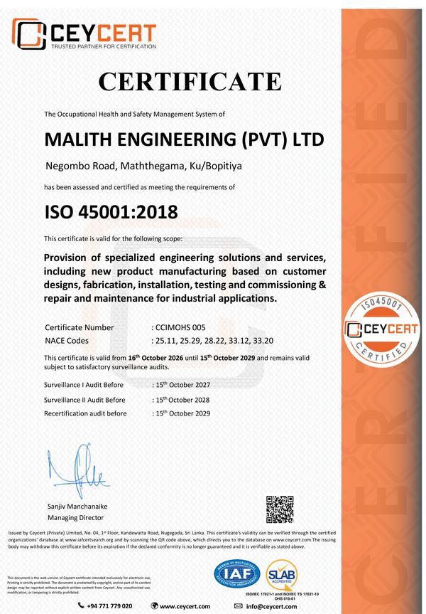 ISO 45001:2018 certificate of Malith Engineering (Pvt) Ltd, number CCIMOHS 005, issued by Ceycert