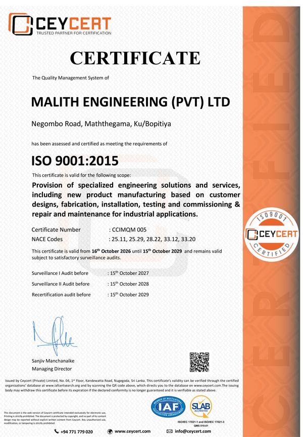 ISO 9001:2015 certificate of Malith Engineering (Pvt) Ltd, number CCIMQM 005, issued by Ceycert